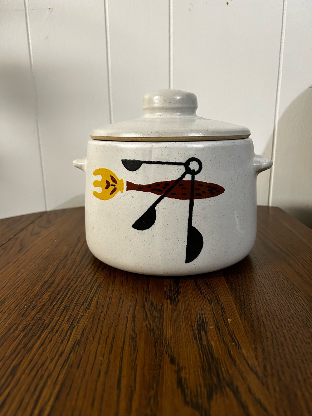 Vintage 1960s Ceramic Bean Pot with Yellow and Black Graphic